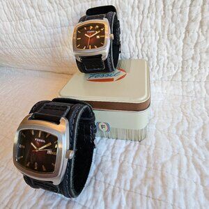 Fossil Red Sunburst Watches With Wide Black Leather Bands - Y2K